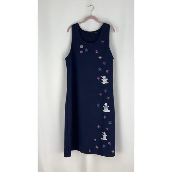 Fashion Classics Embroidered Snowman Christmas Maxi Dress Womens Large Navy Blue - Picture 1 of 10